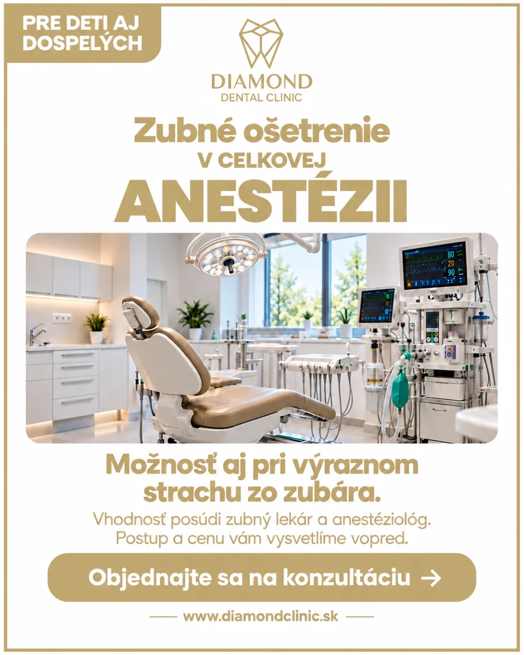 Pre deti aj dospelých: zubné ošetrenie v celkovej anestézii. Možnosť aj pri výraznom strachu zo zubára. Vhodnosť posúdi zubný lekár a anestéziológ, postup a cenu vám vysvetlíme vopred.
